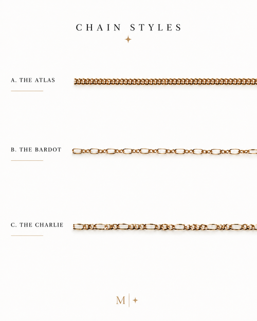 Hand chain styles in alphabetical order: Atlas, Bardot, and Charlie