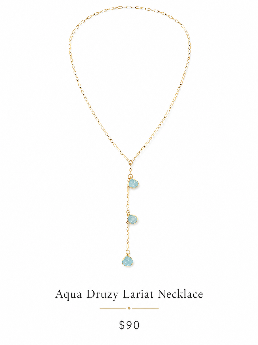 Aqua druzy lariat necklace in gold with three hanging stones