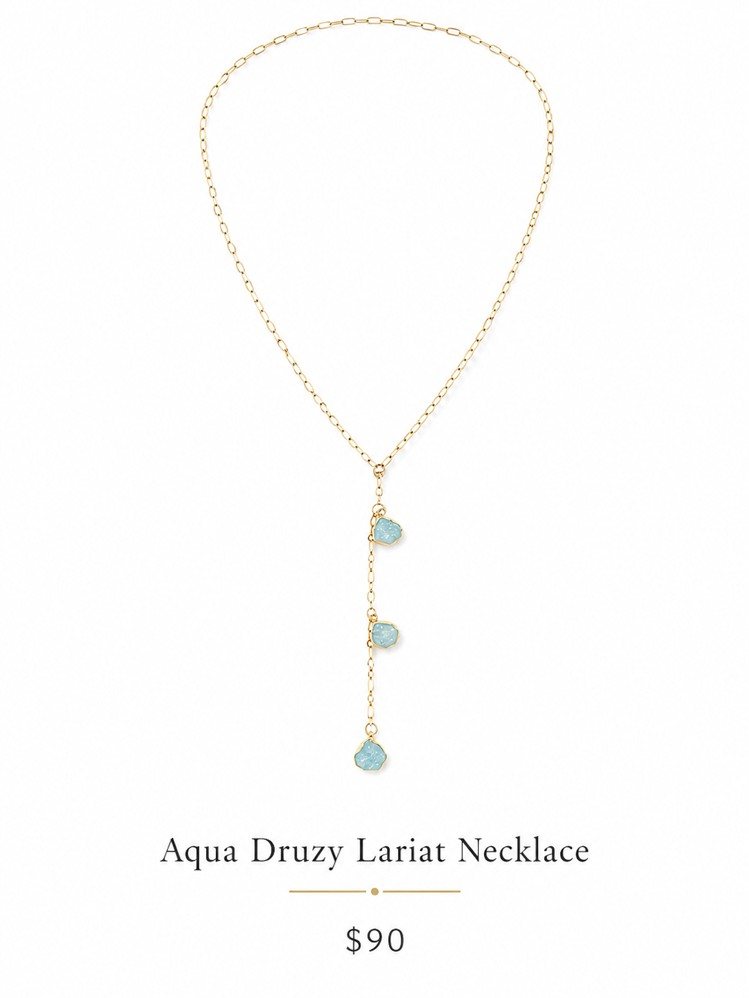 Aqua druzy lariat necklace in gold with three hanging stones