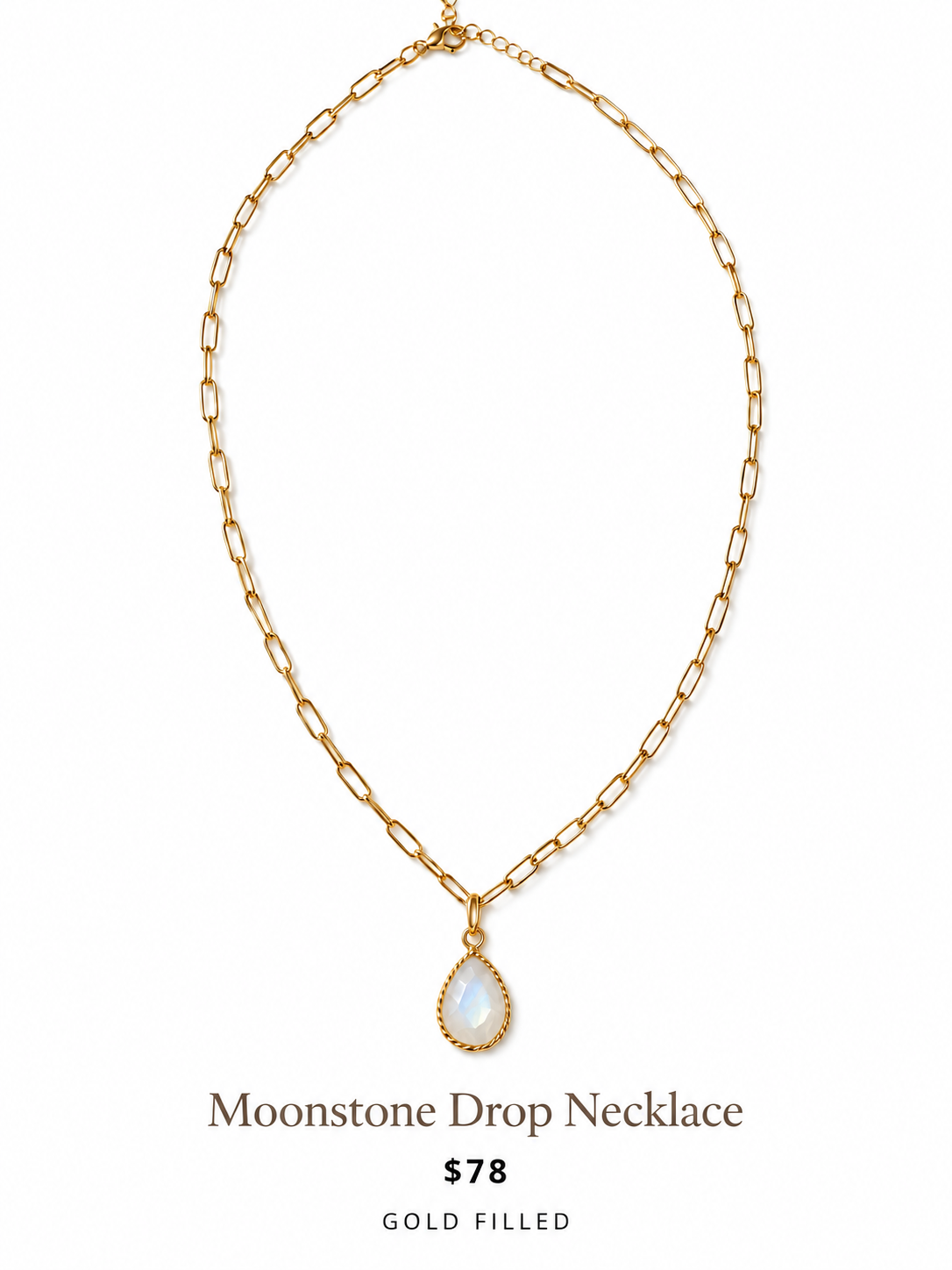 Moonstone Drop Necklace on a clean white background