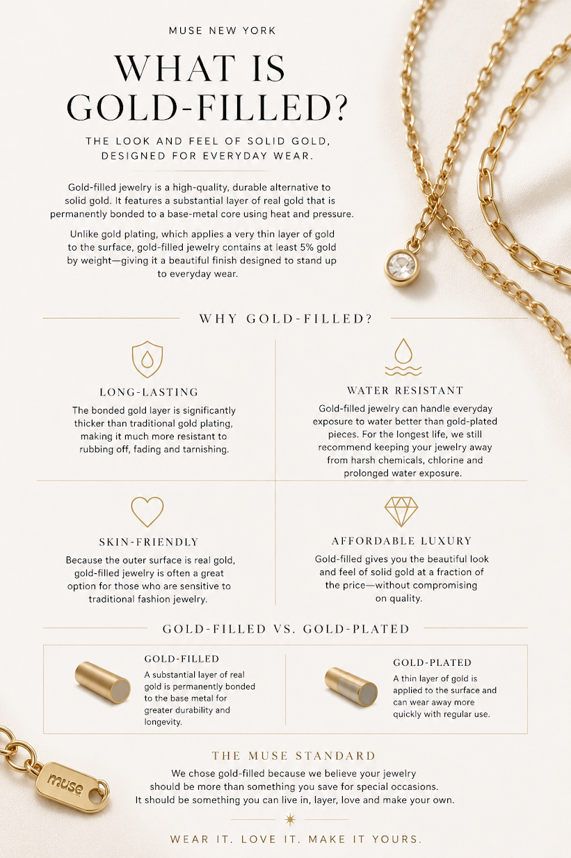 Muse New York guide explaining what gold-filled jewelry is, its benefits, and how it differs from gold-plated jewelry
