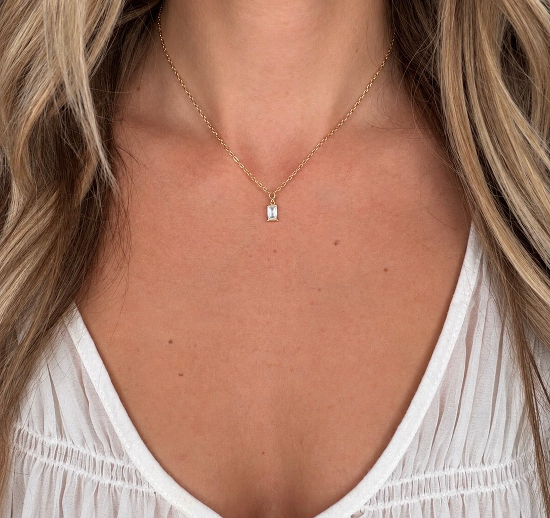 Rectangle Drop Necklace worn on model